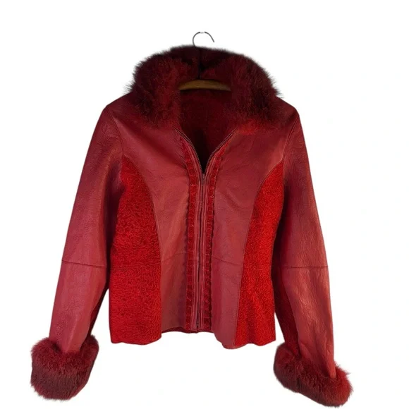 Vintage Pellacci European Sheepskin shearling faux fur fluffy sleeves jacket L